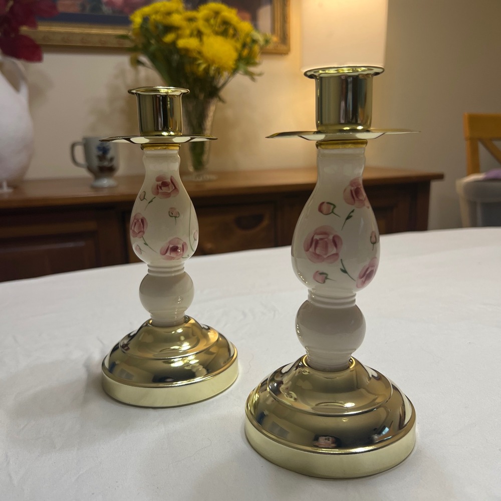 Home Interiors & Gifts Pink Rose Ceramic Gold Taper Candle Holders Set of 2 USA